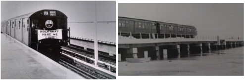Photographs of the first commuter A train crossing the bridge from Broad Channel to the Rockaways on the repaired bridge in 1956.