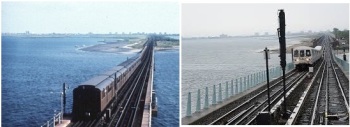 A train running over the bridge in the 1970s, and over the new bridge in 2013.